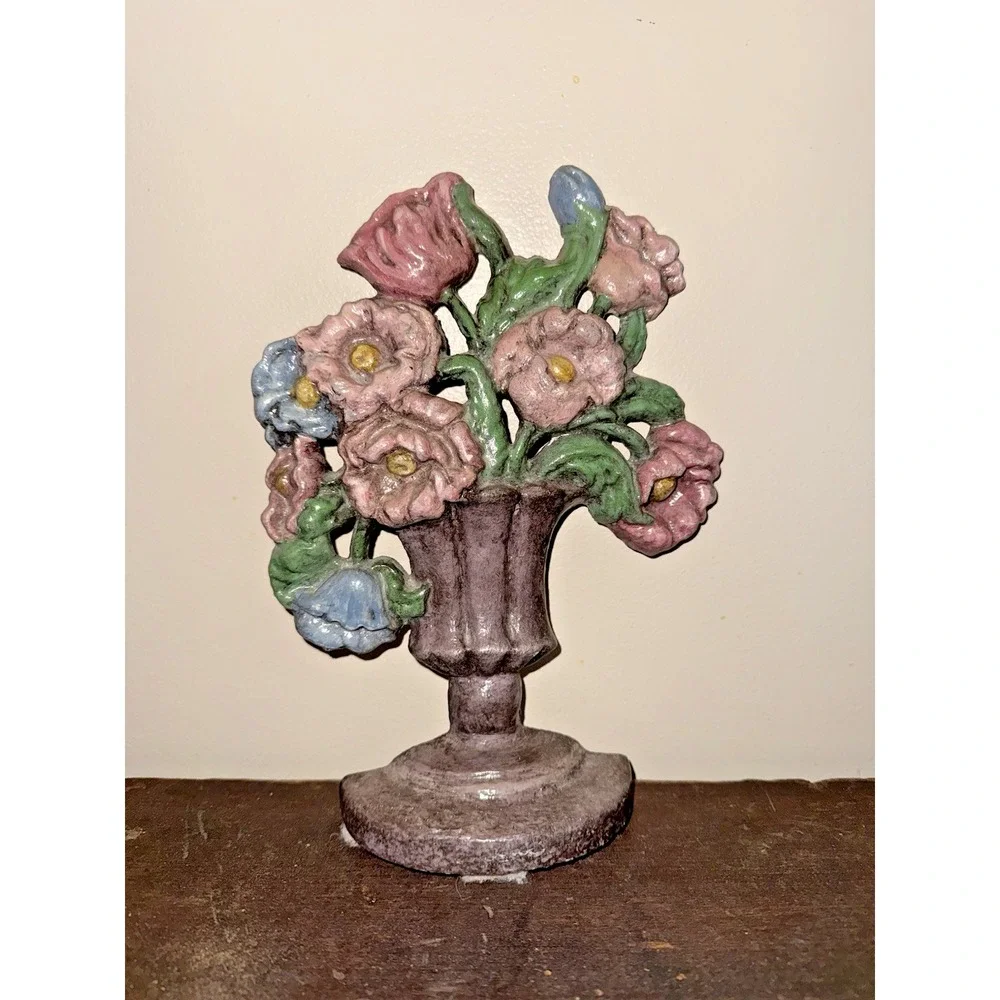 Antique HUBLEY? Cast Iron Door Stop Vase Urn Pink Blue Floral Arrangement 10